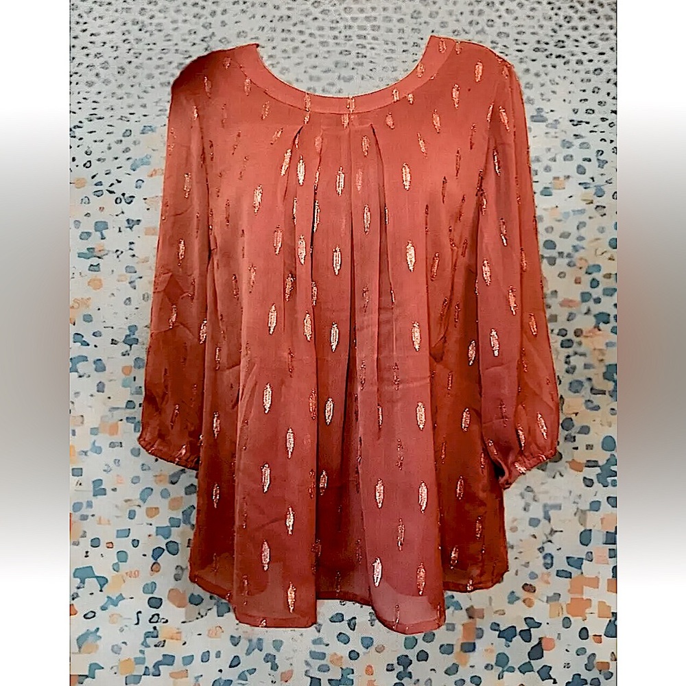 🔆AMBRIA🔆 CHIFFON LINED METALLIC YARN PATTERN 3/4 SLEEVE FLOWY TUNIC BLOUSE🏵️
